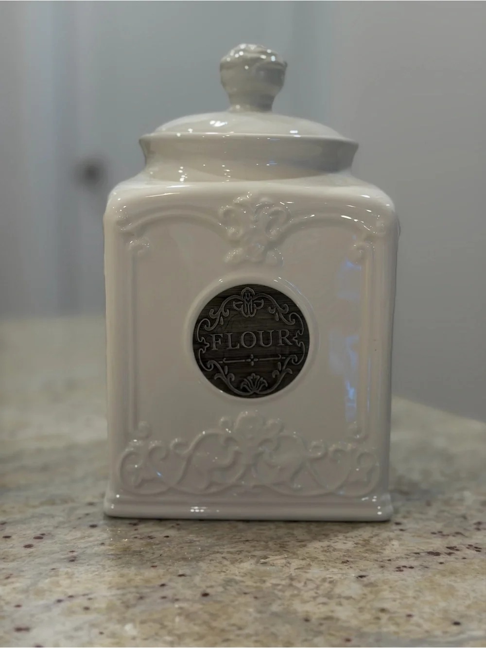 THL White Ceramic Flour Canister Jar with Lid Embossed Farmhouse Kitchen 9”